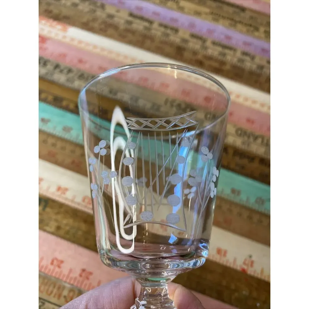 Vintage Etched Harp Design Crystal Wine Glass Stemmed Set of 2 Mid Century 5